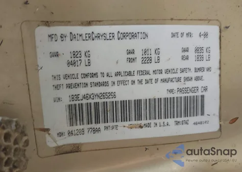 2000 Dodge Stratus Se from USA, damaged, VIN 1B3EJ46X3YN265266